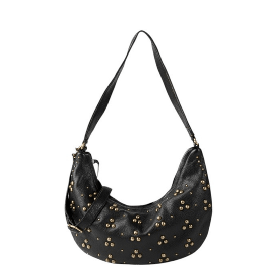 Sac hobo BIBA HILL HIL1L noir, vue de face avec clous métalliques dorés et bandoulière