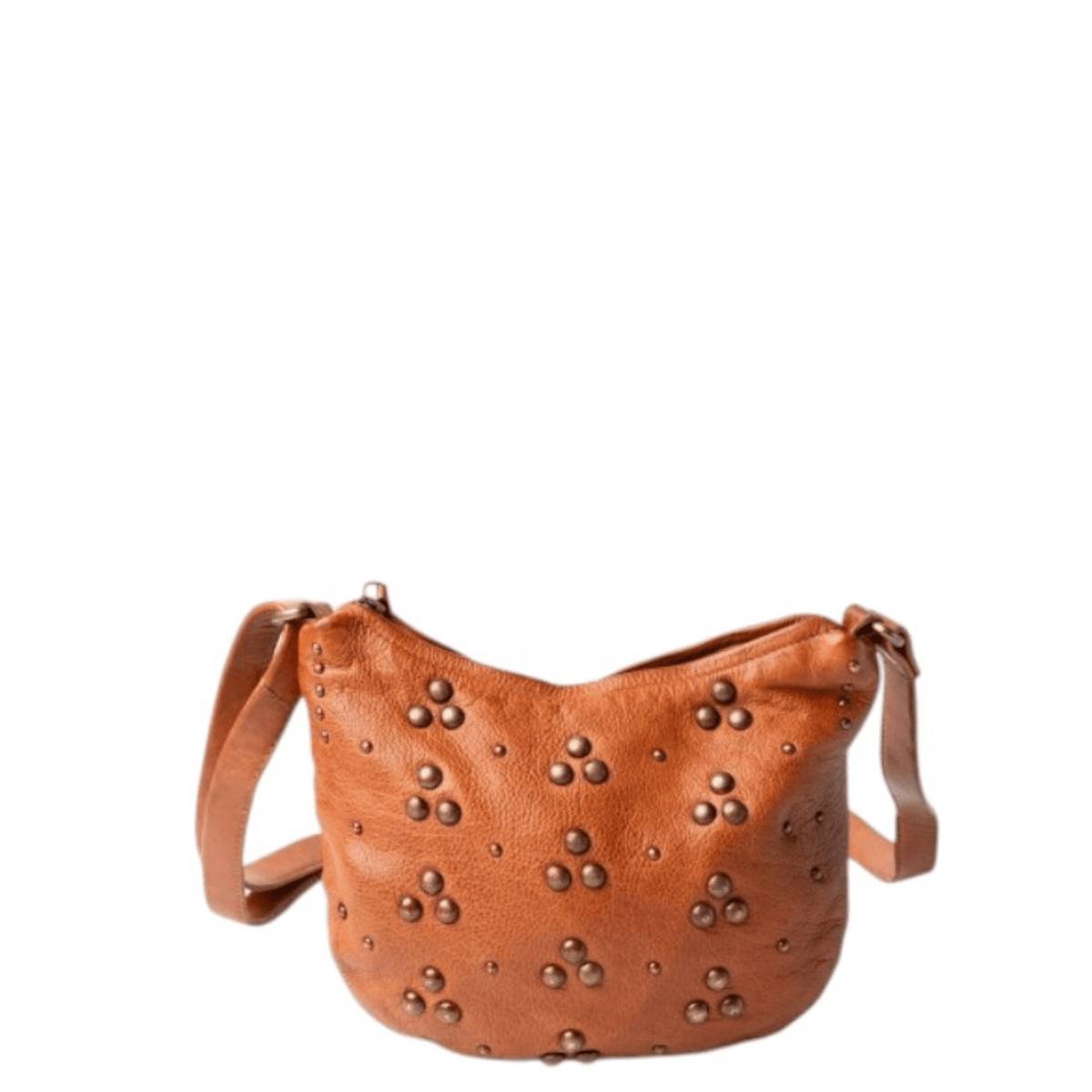 Sac bandoulière BIBA HILL HIL2L cognac, vue de face avec clous métalliques décoratifs