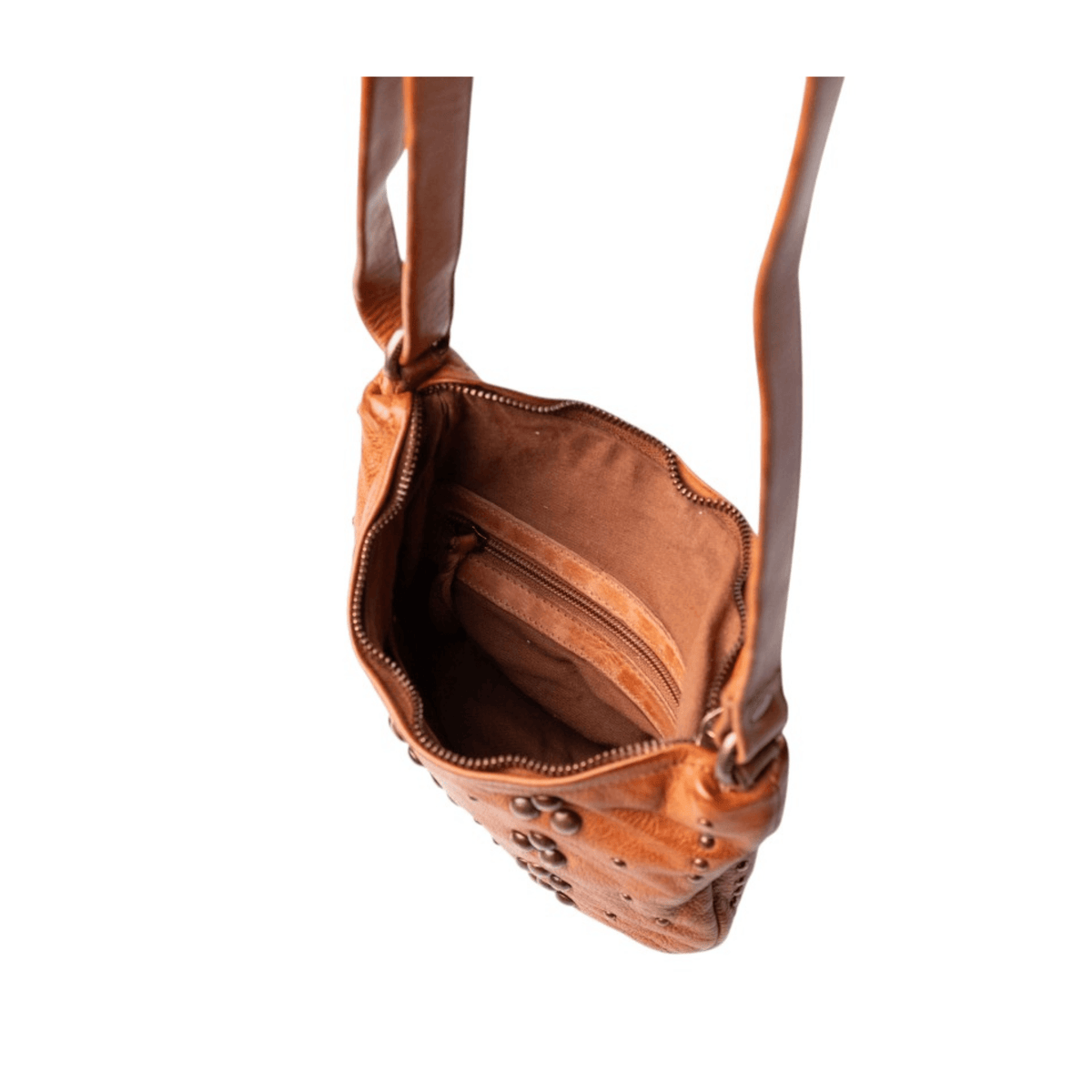 Intérieur du sac BIBA HILL cognac avec ouverture zippée et poche intérieure zippée