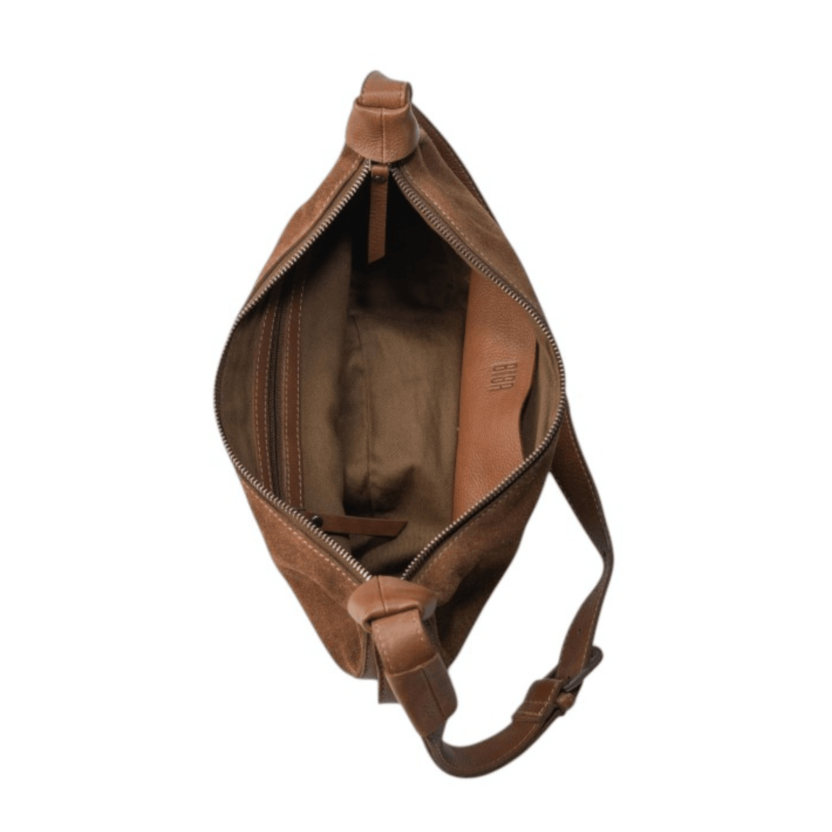 Vue intérieure du sac BIBA LOA cognac, ouverture zippée et rangements intérieurs