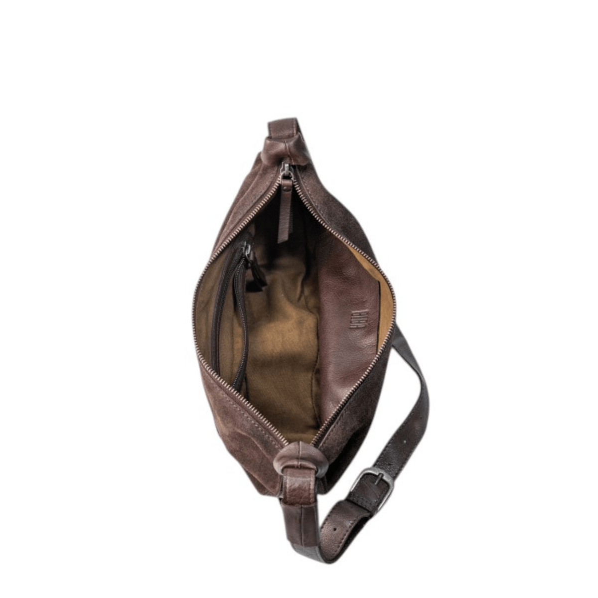 Vue intérieure du sac BIBA LOA marron, ouverture zippée et rangements intérieurs
