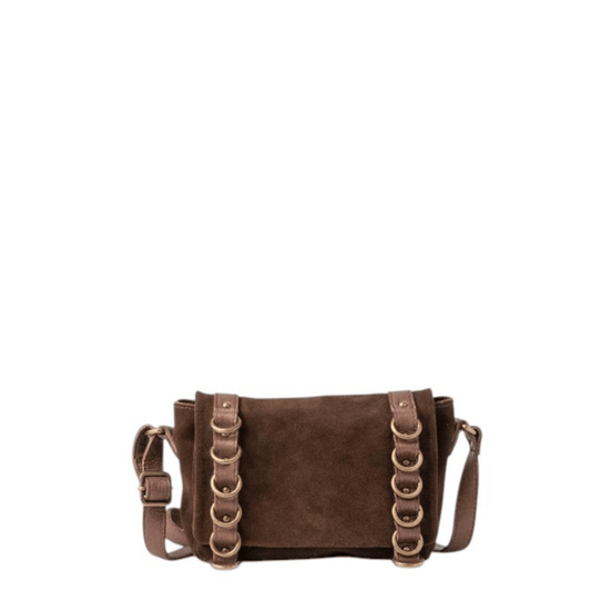 Sac bandoulière BIBA RUGGLES RGG1L marron, vue de face avec rabat et anneaux métalliques