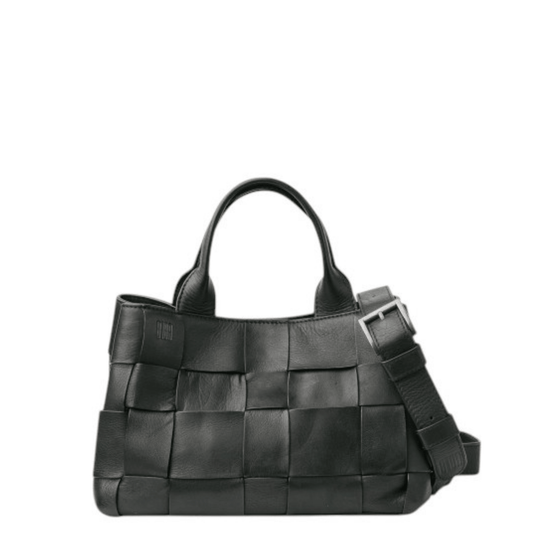 Sac bowling BIBA WANN WAN1L noir, vue de face avec cuir tressé, deux poignées et bandoulière