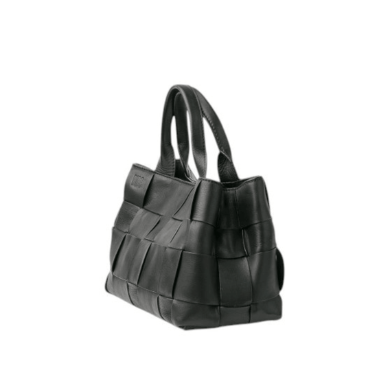 Vue de trois quarts du sac BIBA WANN WAN1L noir avec large tressage et deux poignées