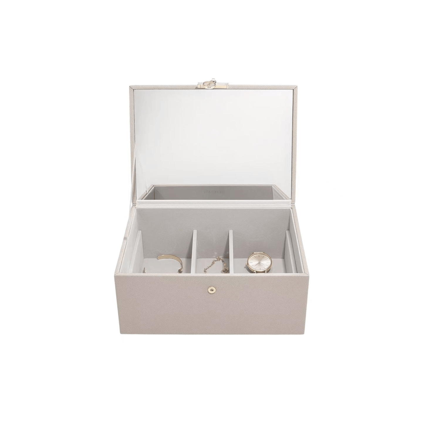 boite bijoux taupe ouverte avec miroir intégré
