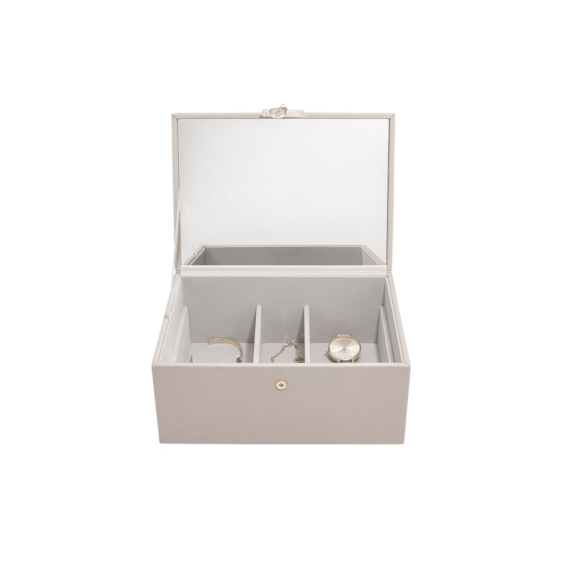boite bijoux taupe ouverte avec miroir intégré
