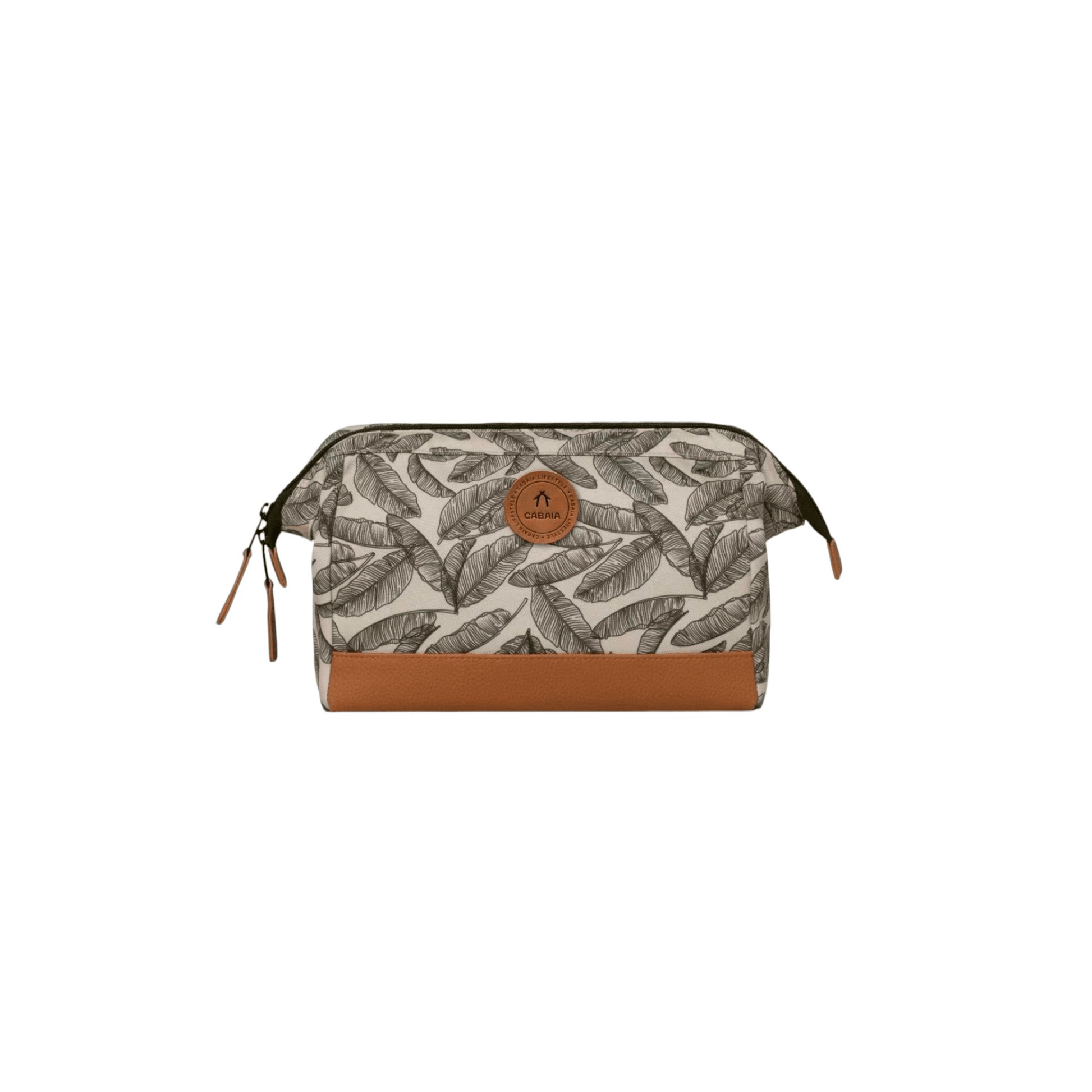 Trousse de toilette Cabaia Andrassy UT motif feuillage tropical et finitions camel vue de face - Nevada Maroquinerie