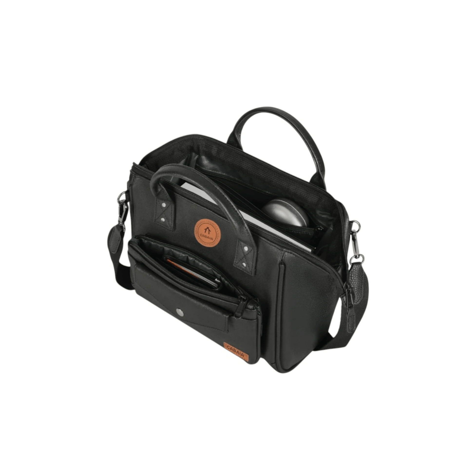 Sac CABAIA Crossbody Adventurer Medium Chelsea noir ouvert avec rangements