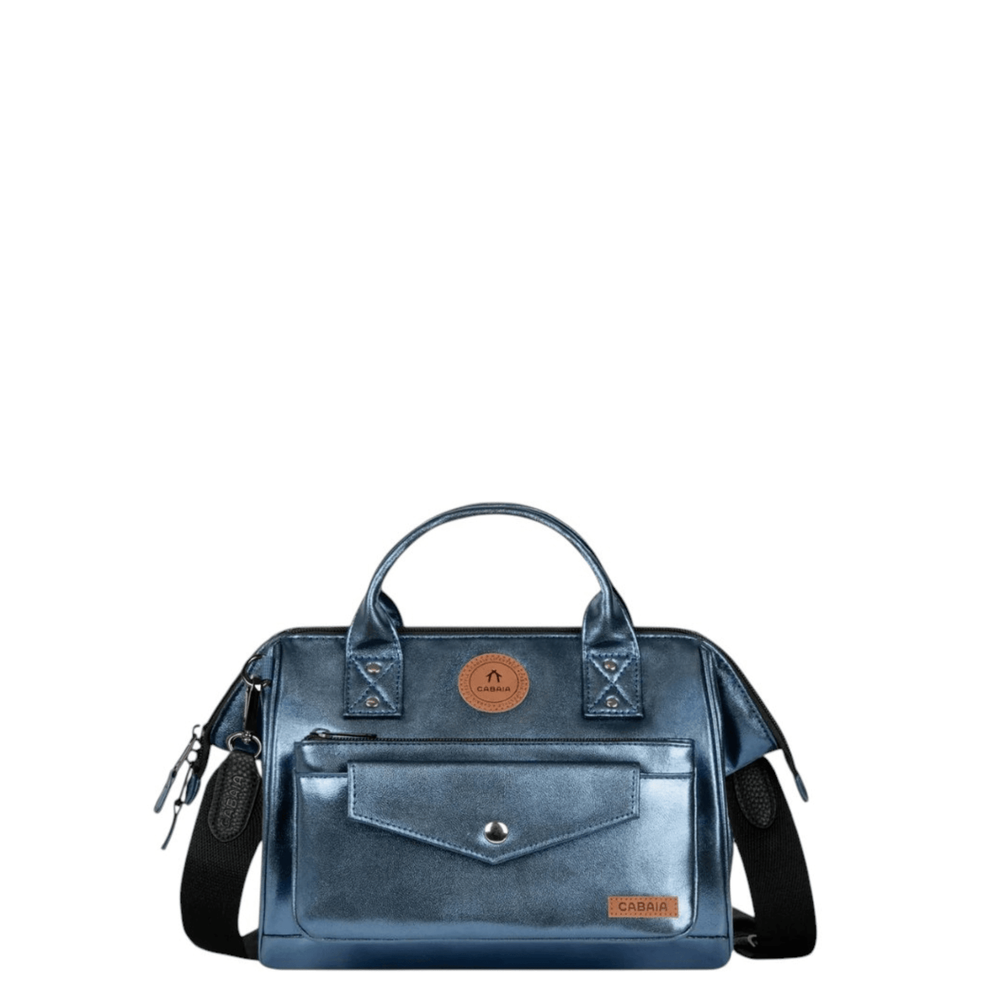 Sac bandoulière Cabaïa Crossbody Adventurer Medium Larissa bleu métallisé vu de face avec pochette avant.