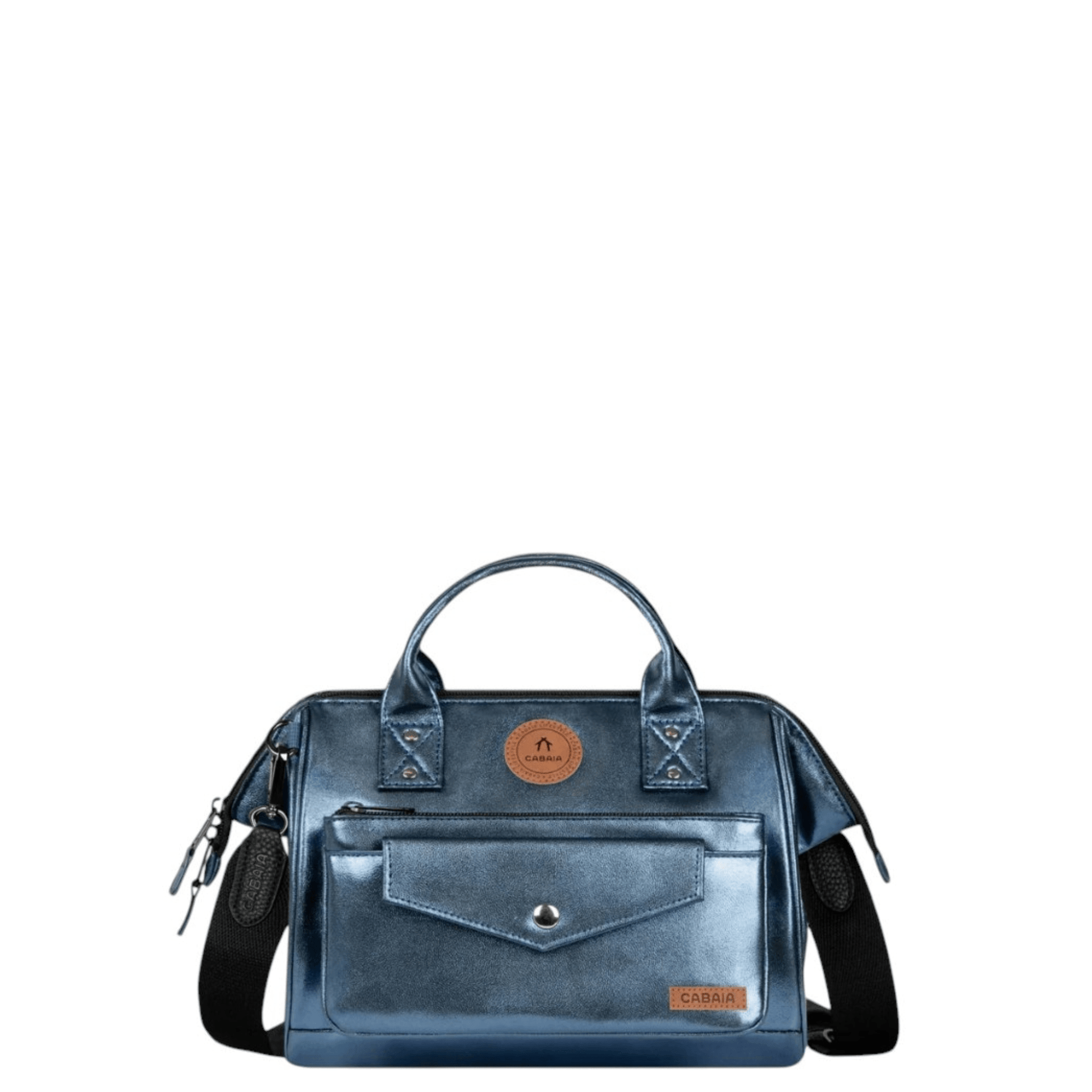 Sac bandoulière Cabaïa Crossbody Adventurer Medium Larissa bleu métallisé vu de face avec pochette avant.
