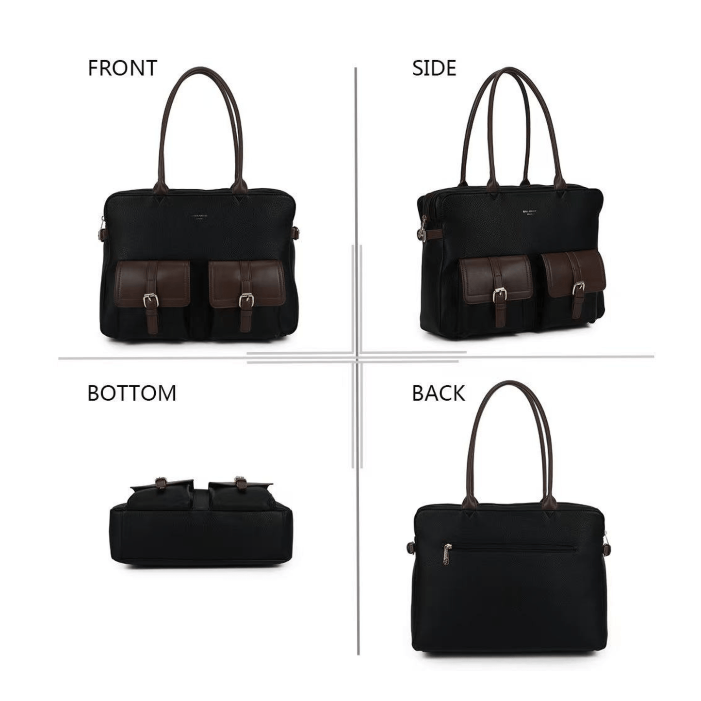 Cabas femme Gallantry R-2055 noir café vu de face, côté, dos et dessous