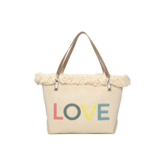 Cabas femme LOVE grand format bohème chic avec franges pour l’été