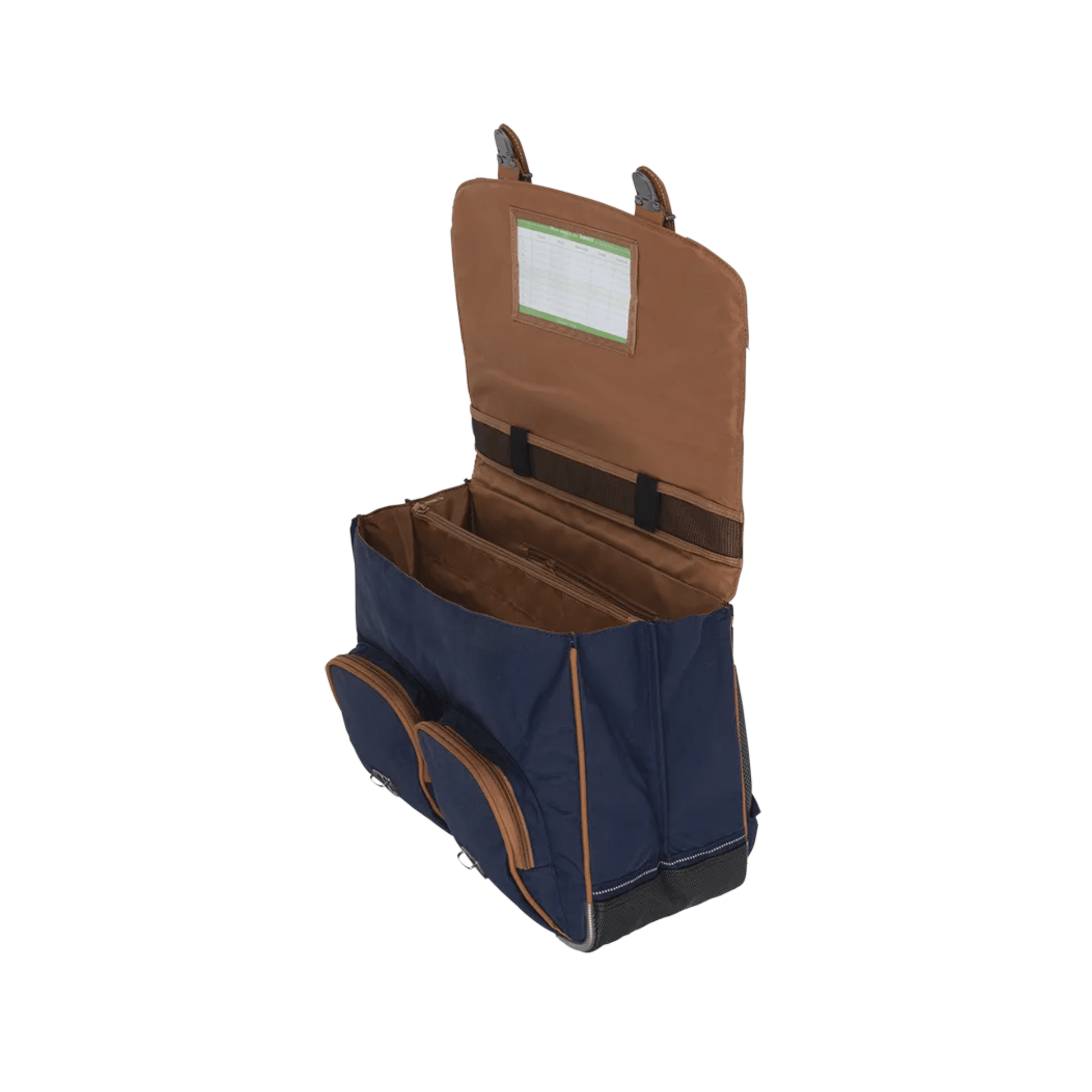 Cartable Tann's Camille Bleu 41 cm ouvert montrant les compartiments de rangement