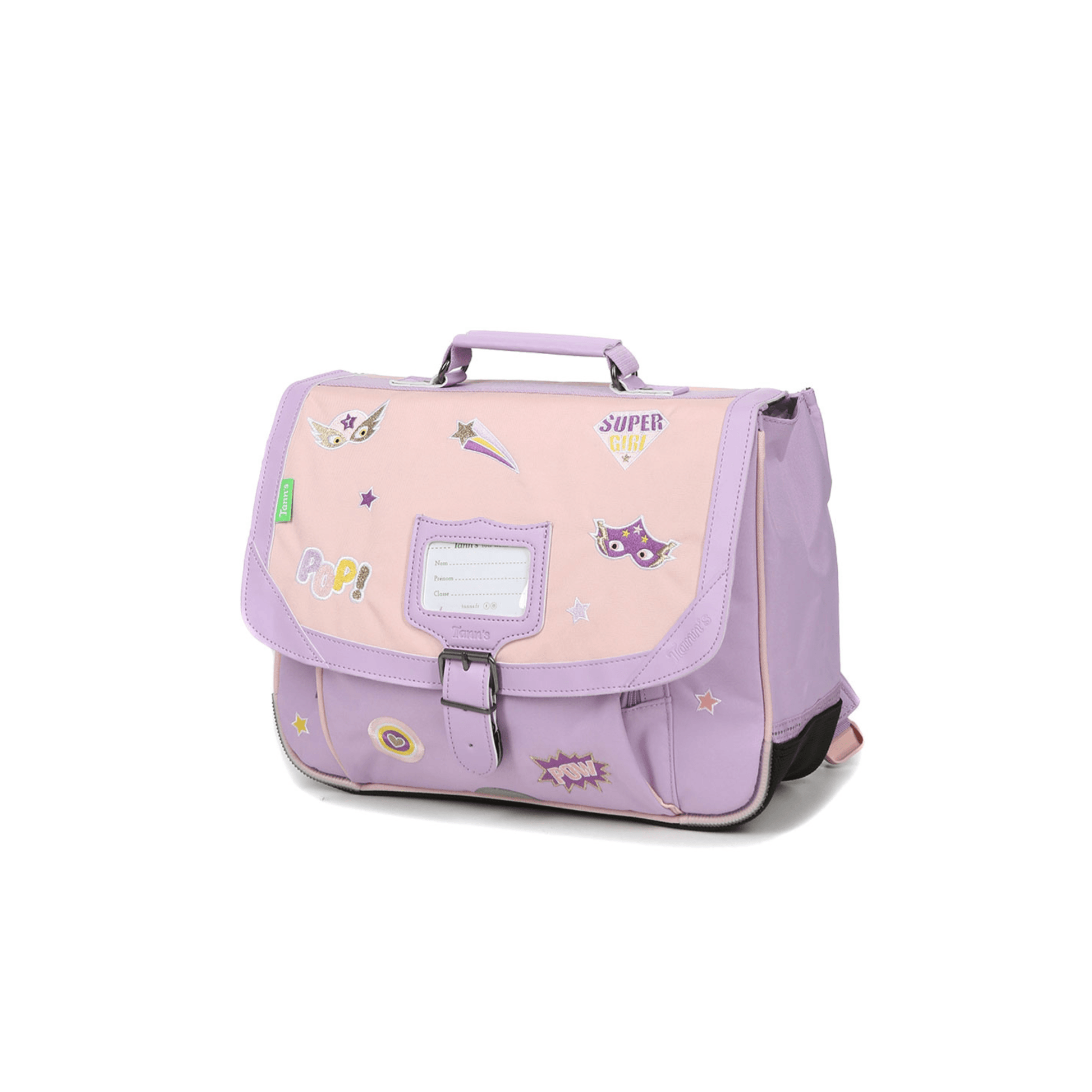 Cartable scolaire Tann's Diana rose lilas vue trois quarts avec patchs super héroïne