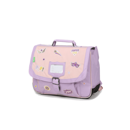 Cartable scolaire Tann's Diana rose lilas vue trois quarts avec patchs super héroïne