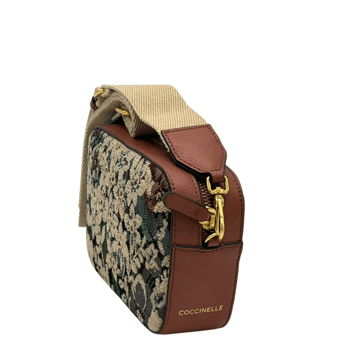 Sac COCCINELLE cuir châtaigne et motif floral avec large bandoulière