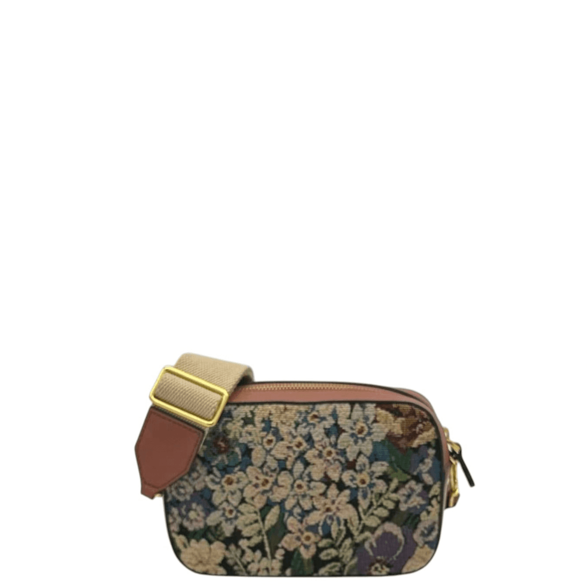 Sac bandoulière COCCINELLE bimatière cuir châtaigne et motif floral vue de face