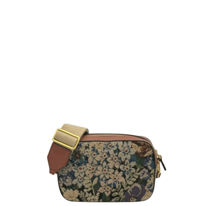 Sac bandoulière COCCINELLE bimatière cuir châtaigne et motif floral vue de face