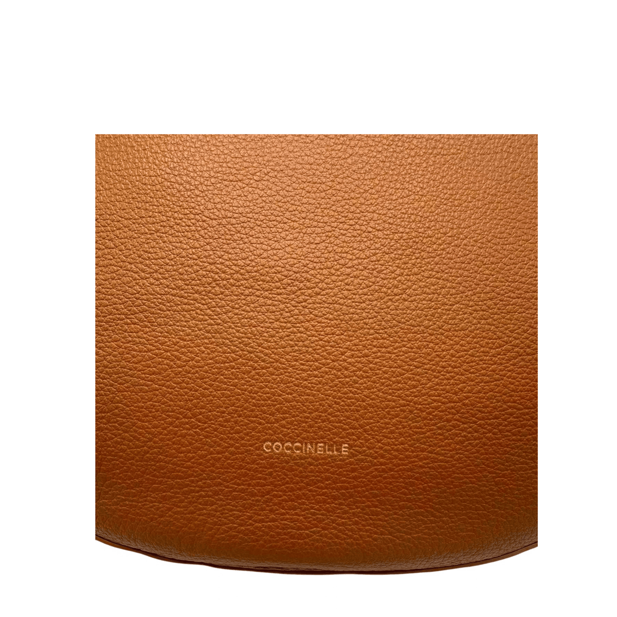 Détail cuir grainé et logo COCCINELLE sur sac porté épaule