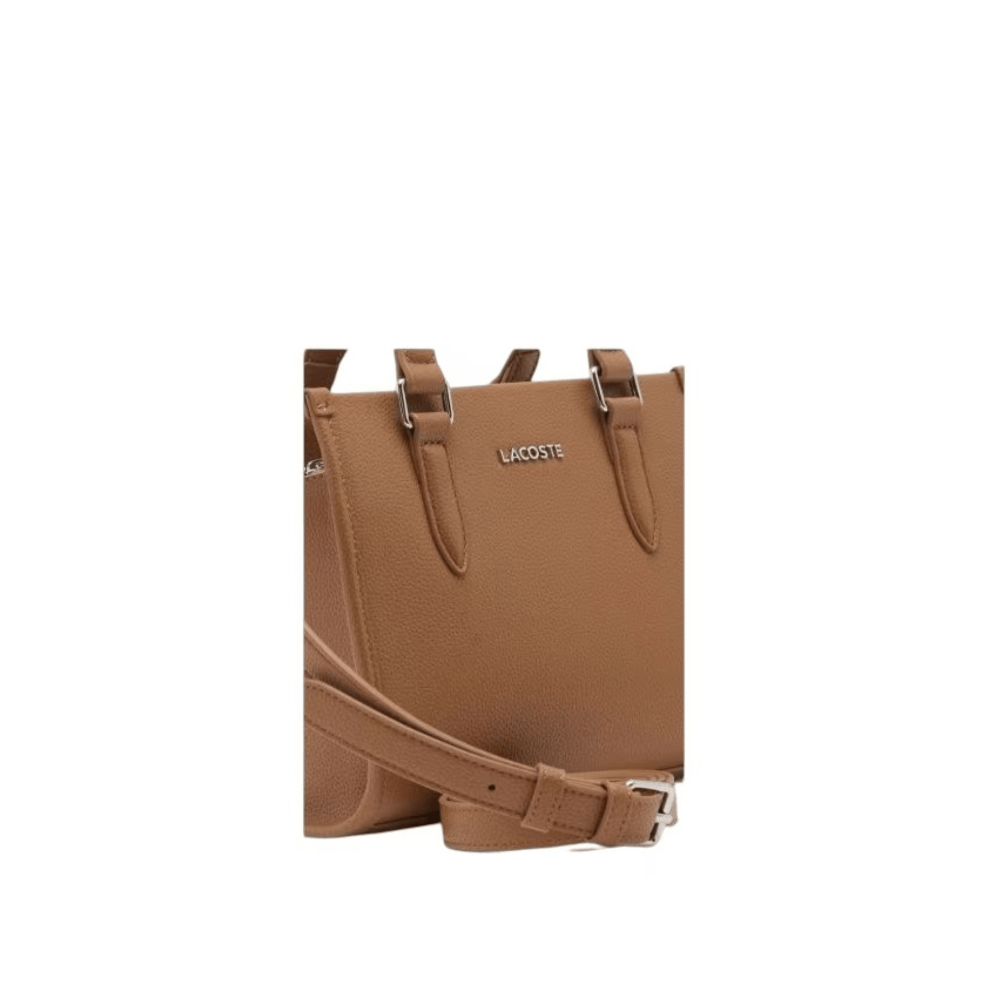 Détail finition grainée sac Lacoste camel