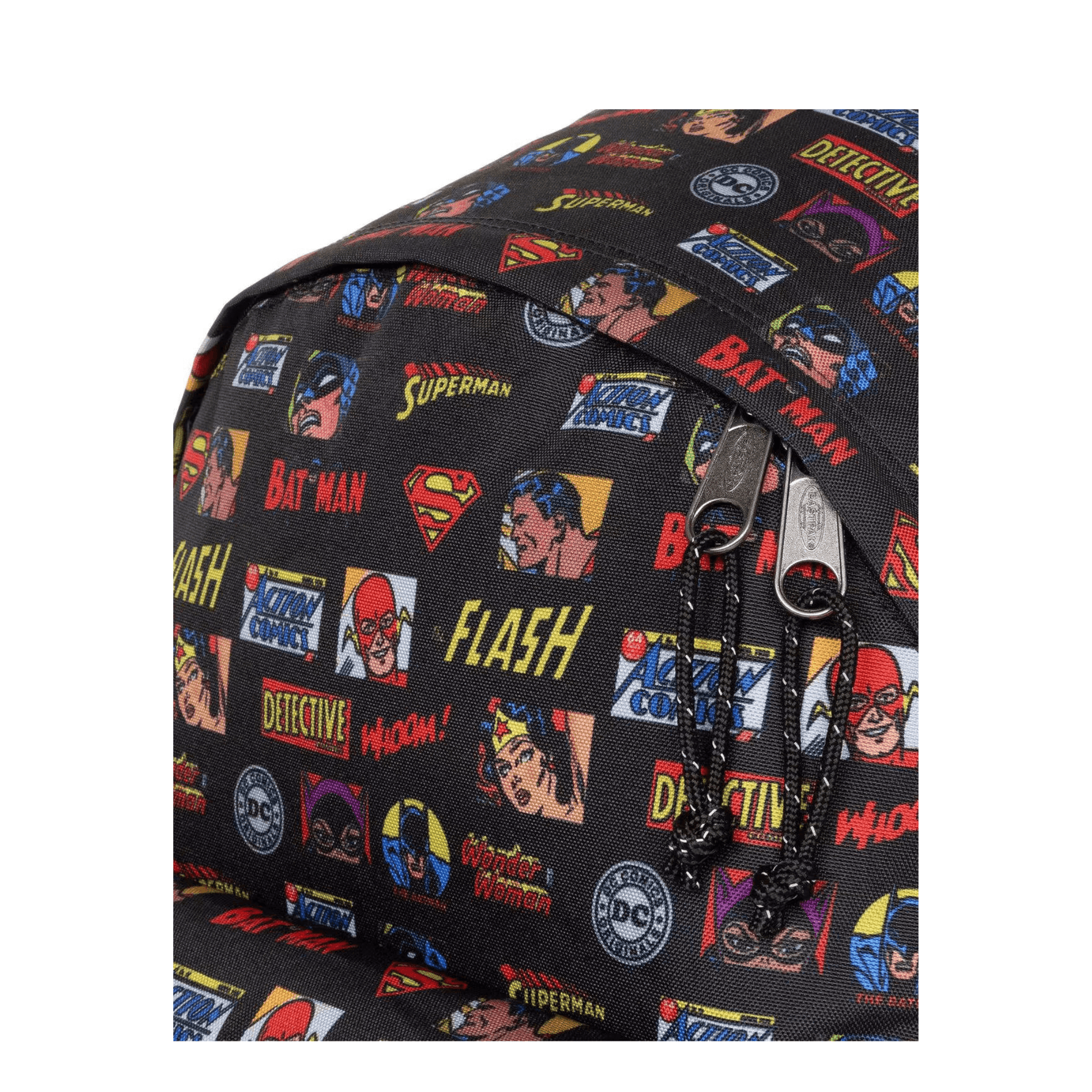 Détail de l'imprimé rétro DC Comics Batman Superman Flash et Wonder Woman sur sac Eastpak - Nevada Maroquinerie