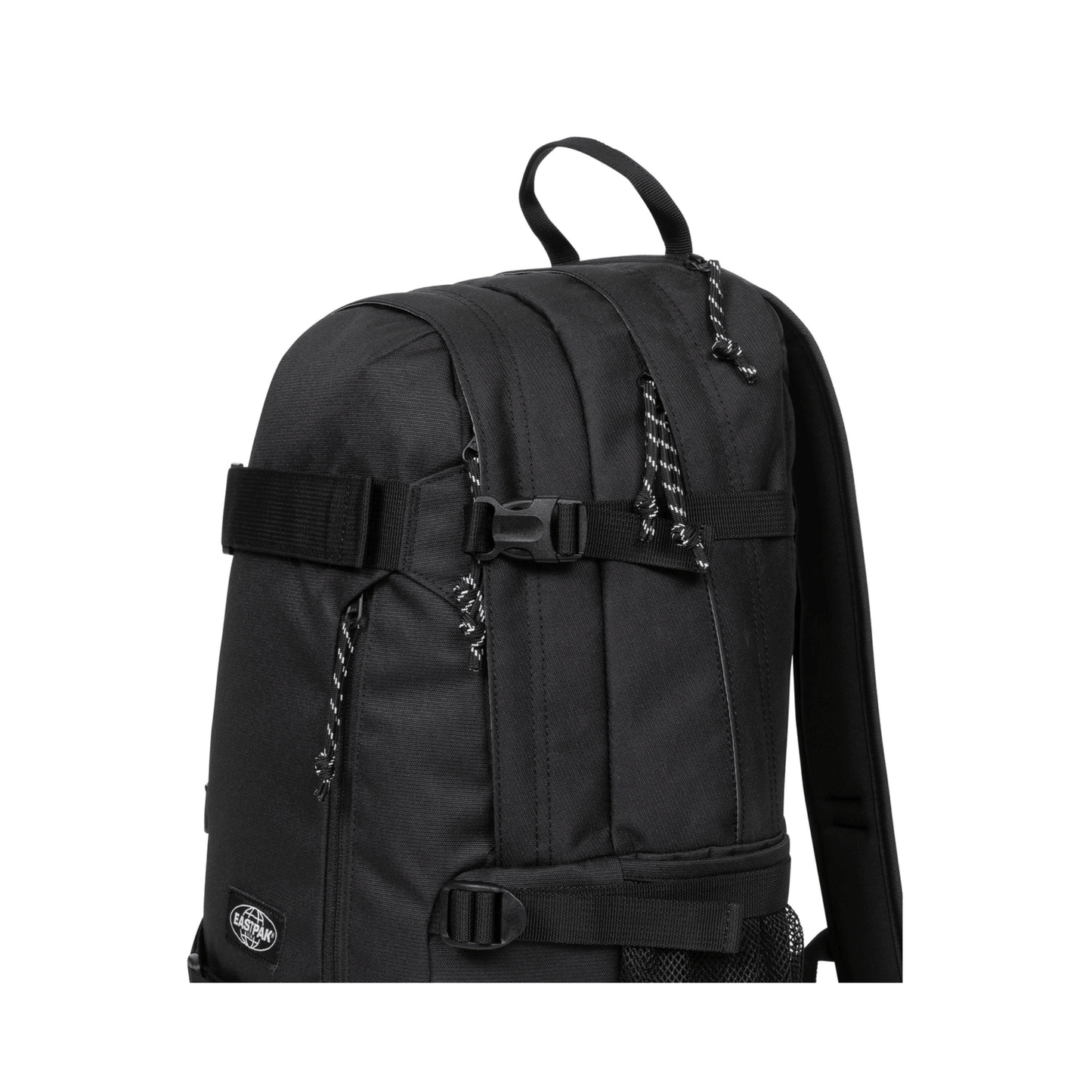 Détail des sangles de compression du sac à dos Eastpak Getter Pro Black.