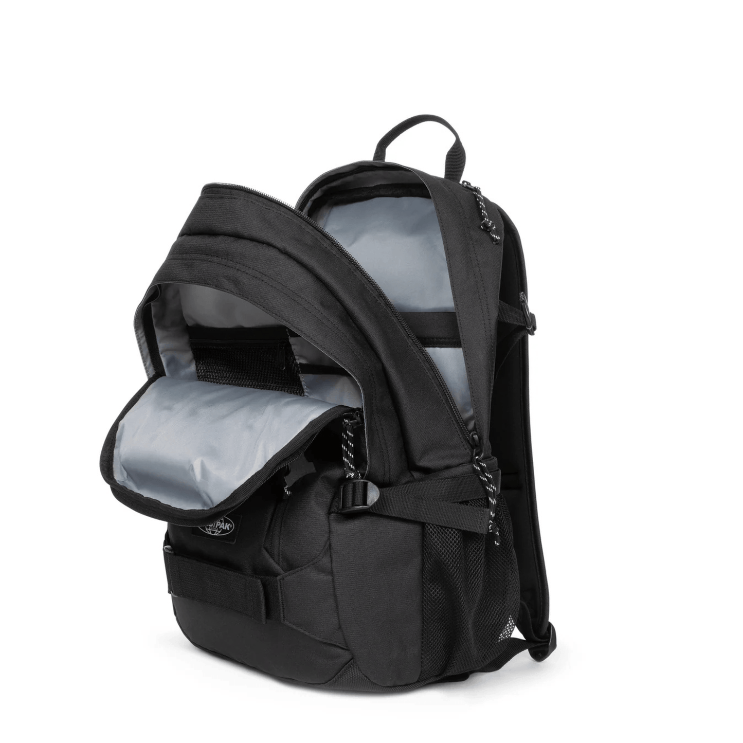 Intérieur du sac à dos Eastpak Getter Pro Black avec compartiment rembourré pour ordinateur portable et rangements.