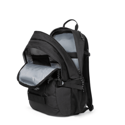 Intérieur du sac à dos Eastpak Getter Pro Black avec compartiment rembourré pour ordinateur portable et rangements.