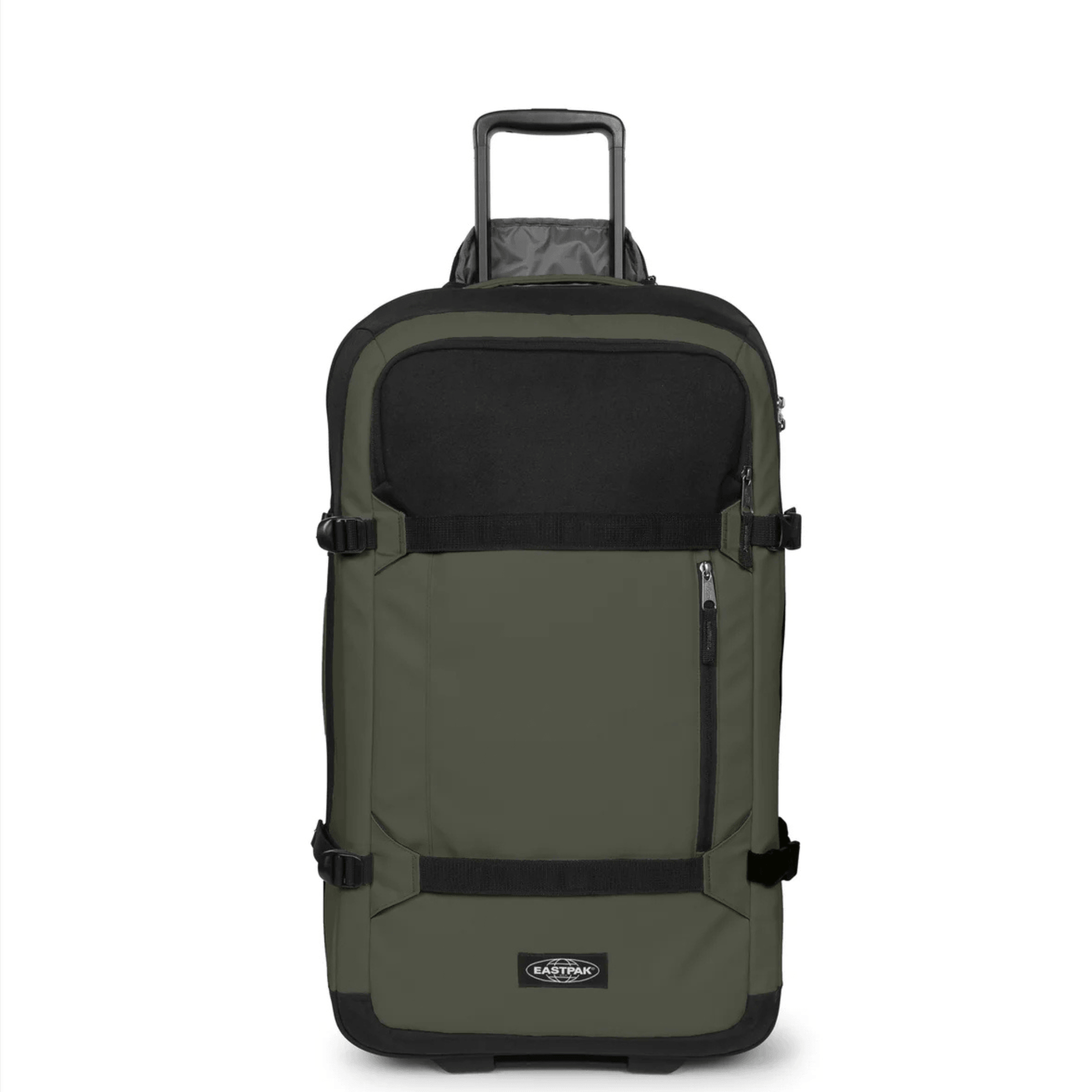 Valise Eastpak Transit'R Pro M Khaki Pro vue de face avec poche avant et sangles de compression.