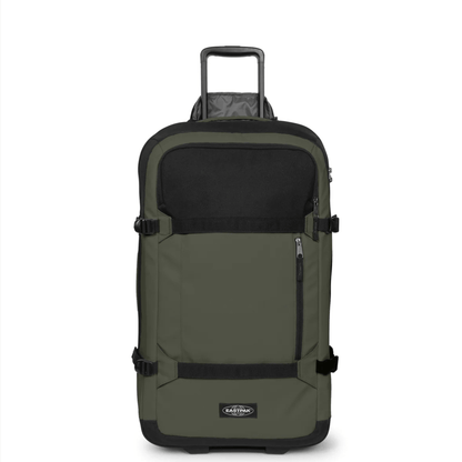 Valise Eastpak Transit'R Pro M Khaki Pro vue de face avec poche avant et sangles de compression.