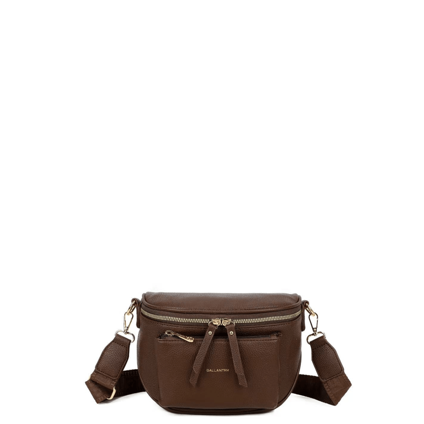 Sac bandoulière Gallantry café avec poche avant zippée et finitions dorées.