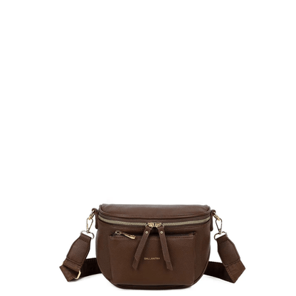 Sac bandoulière Gallantry café avec poche avant zippée et finitions dorées.