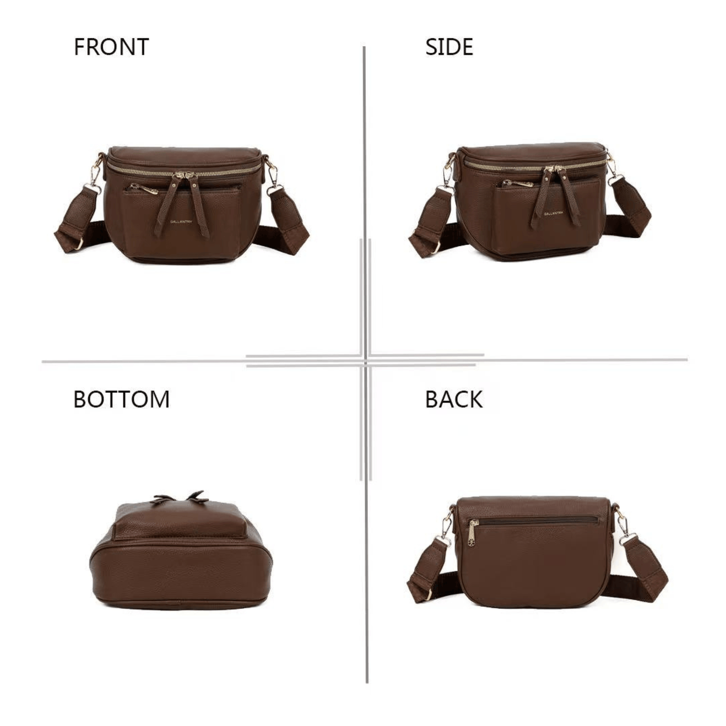 Différentes vues du sac bandoulière Gallantry café montrant la face, le dos et le dessous.