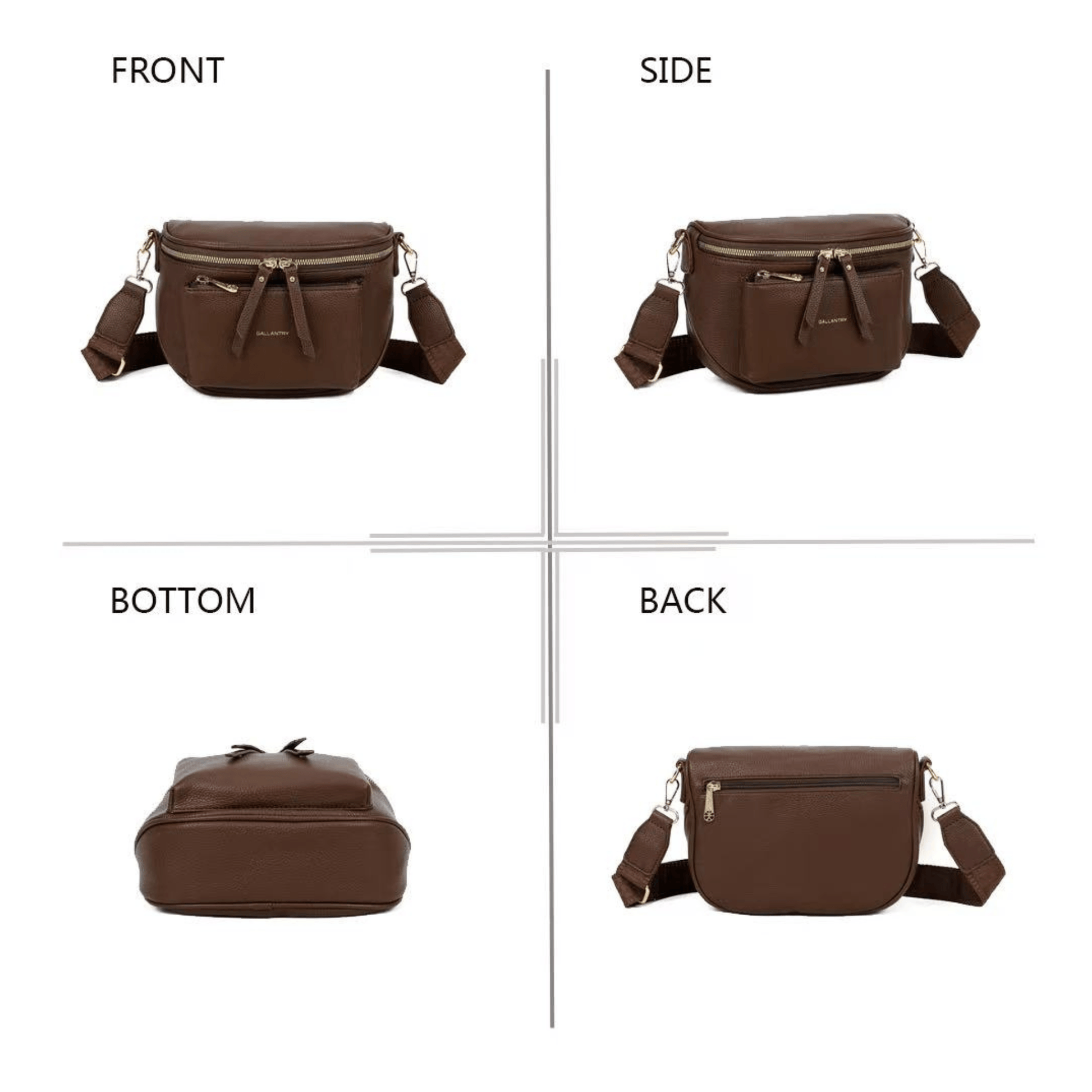 Différentes vues du sac bandoulière Gallantry café montrant la face, le dos et le dessous.