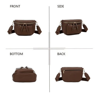 Différentes vues du sac bandoulière Gallantry café montrant la face, le dos et le dessous.