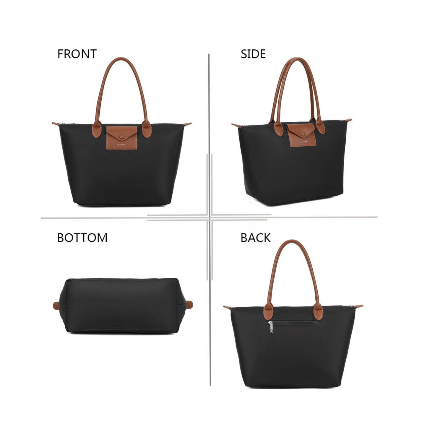 Vues avant arrière côté et dessous du sac cabas Gallantry noir