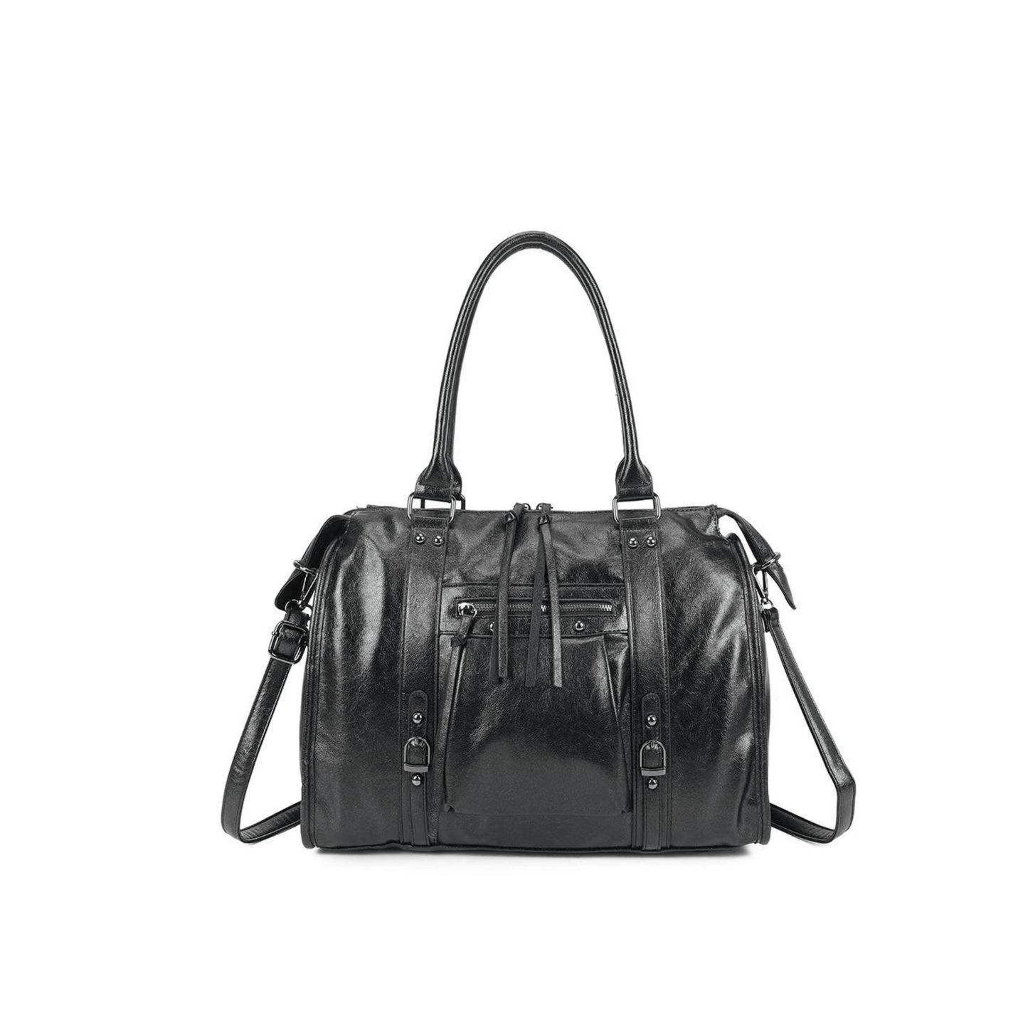 Sac porté épaule Gallantry Skyla noir brillant finition argentée vue de face
