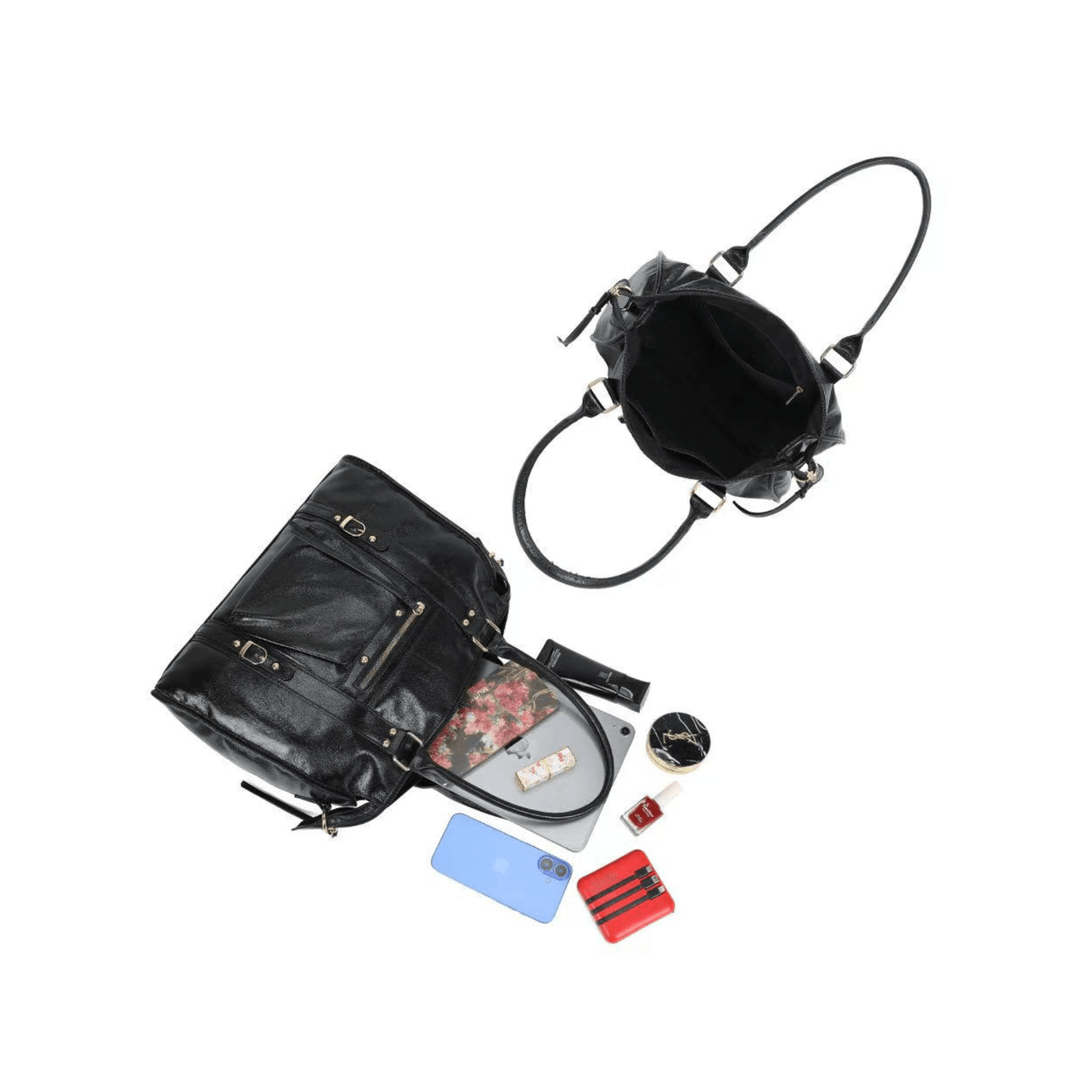 Sac Gallantry Skyla noir brillant avec accessoires démonstration capacité
