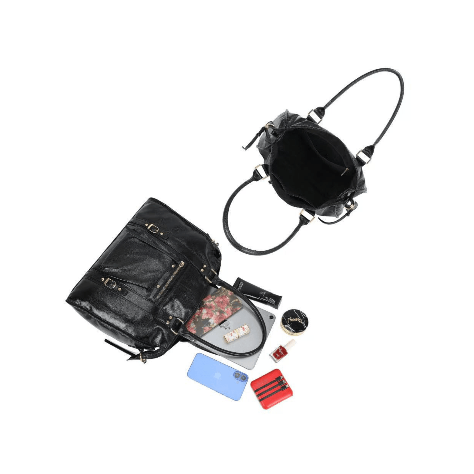 Sac Gallantry Skyla noir brillant avec accessoires démonstration capacité
