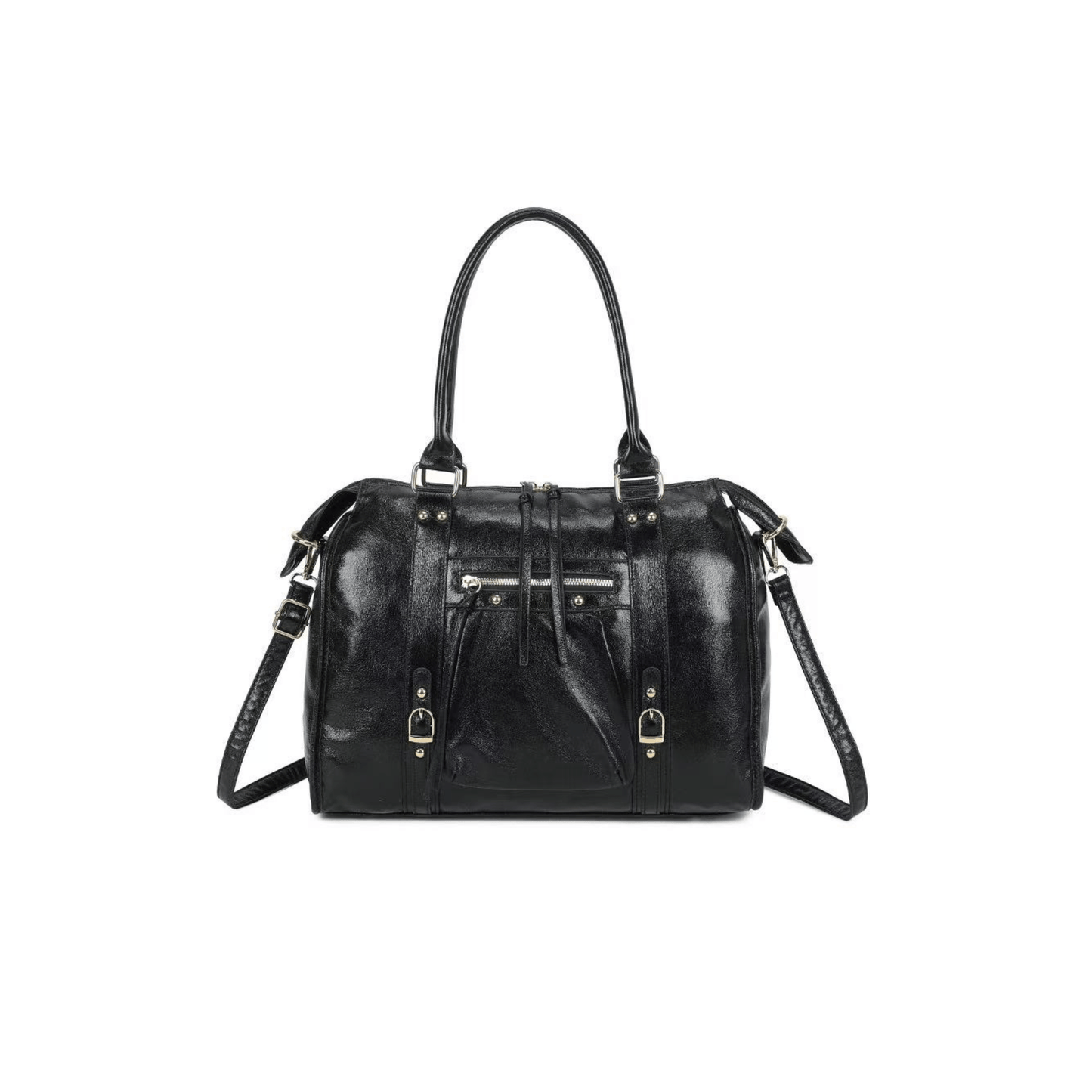 Sac porté épaule Gallantry Skyla brillant noir finition or vue de face
