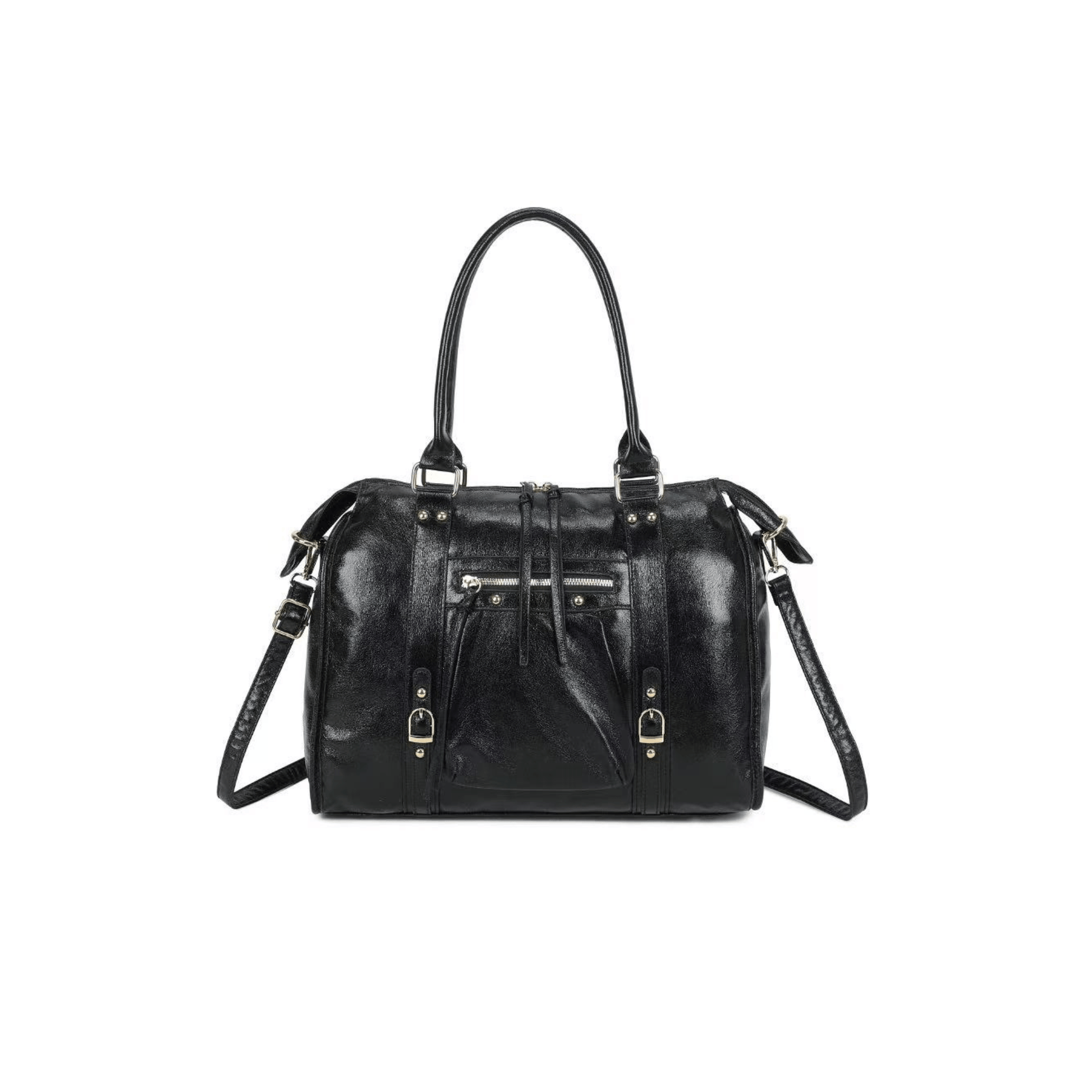 Sac porté épaule Gallantry Skyla brillant noir finition or vue de face
