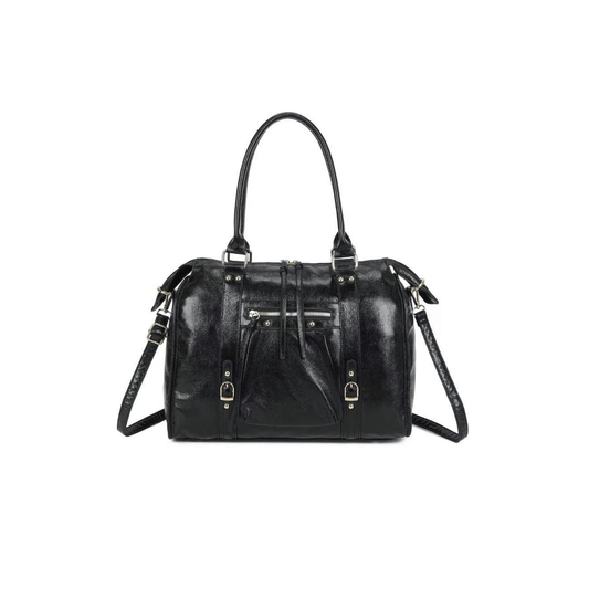 Sac porté épaule Gallantry Skyla brillant noir finition or vue de face
