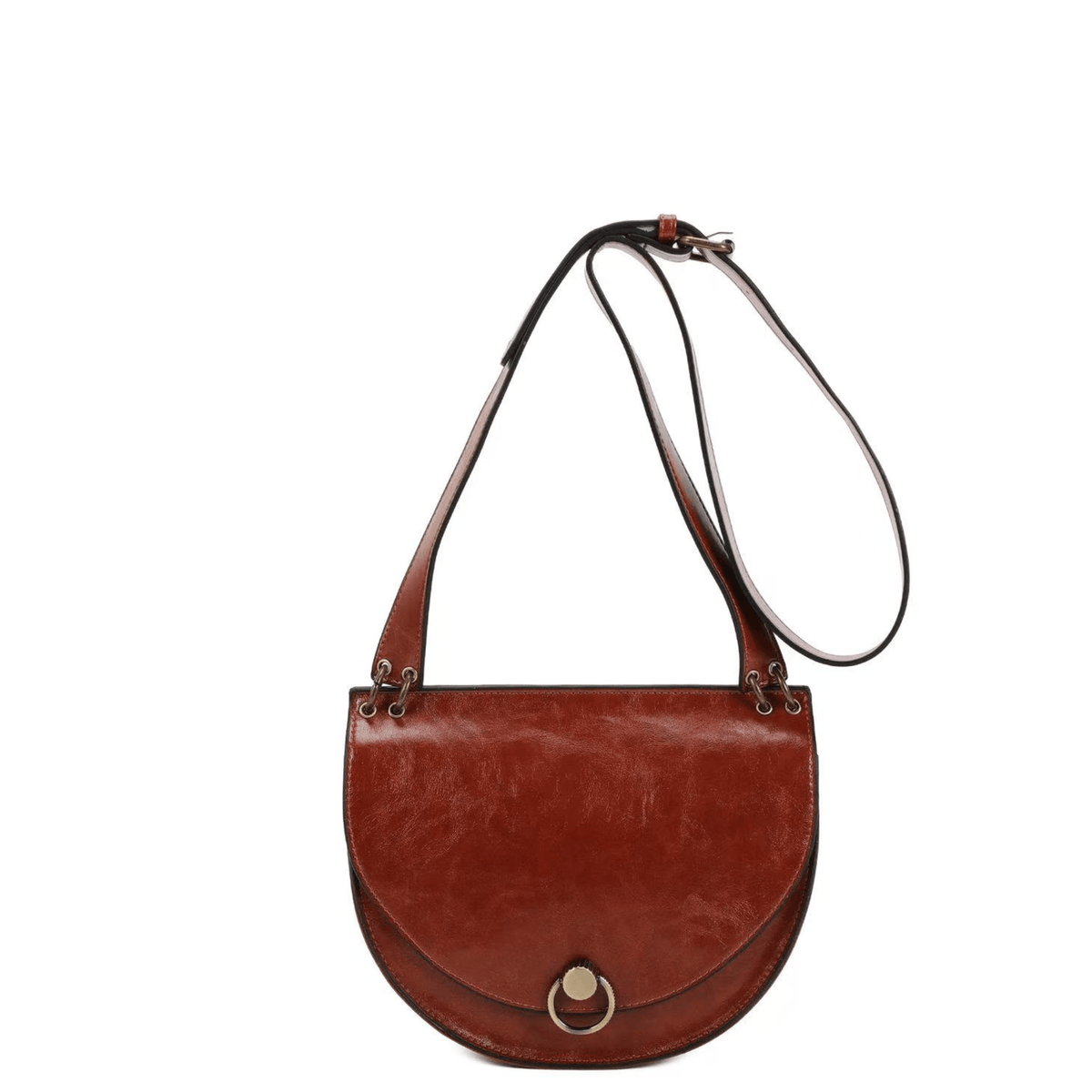Sac bandoulière Inès Delaure camel demi-lune à rabat, vue de face
