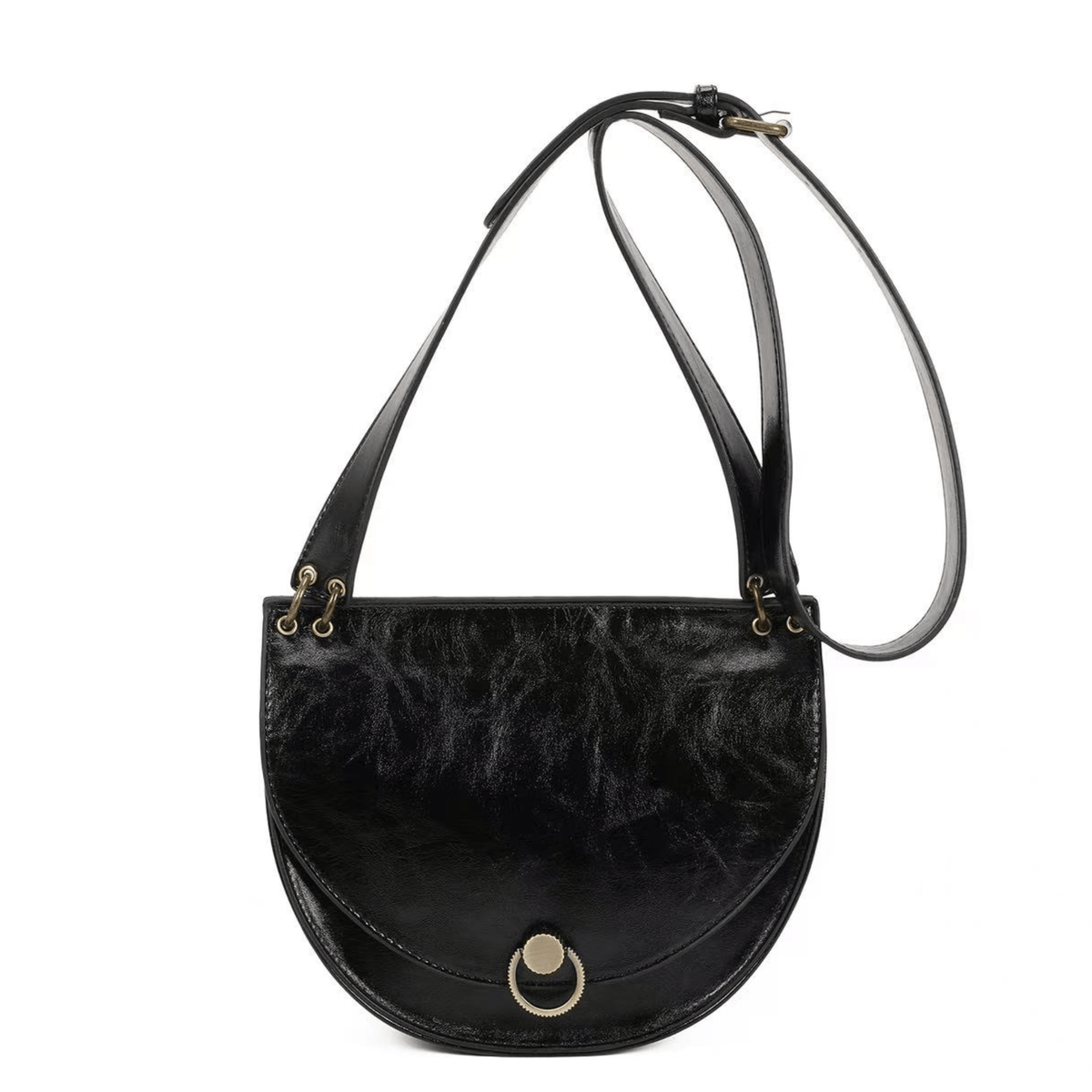 Sac bandoulière Inès Delaure noir demi-lune à rabat, vue de face