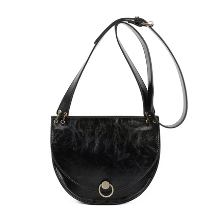 Sac bandoulière Inès Delaure noir demi-lune à rabat, vue de face
