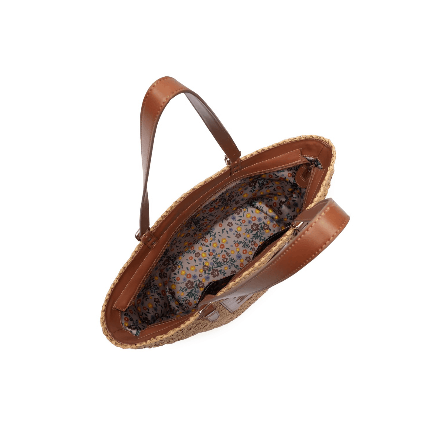 Intérieur du sac cabas Lancaster Le Panier cognac avec doublure fleurie