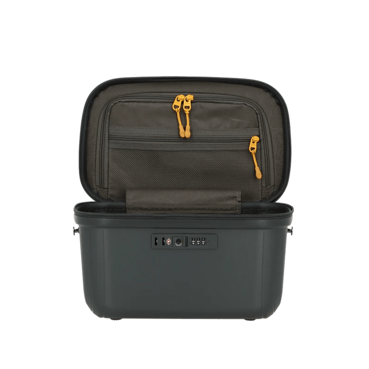 Intérieur du vanity JUMP Enaïs anthracite ouvert avec poches de rangement zippées, filet et tirettes jaune orangé