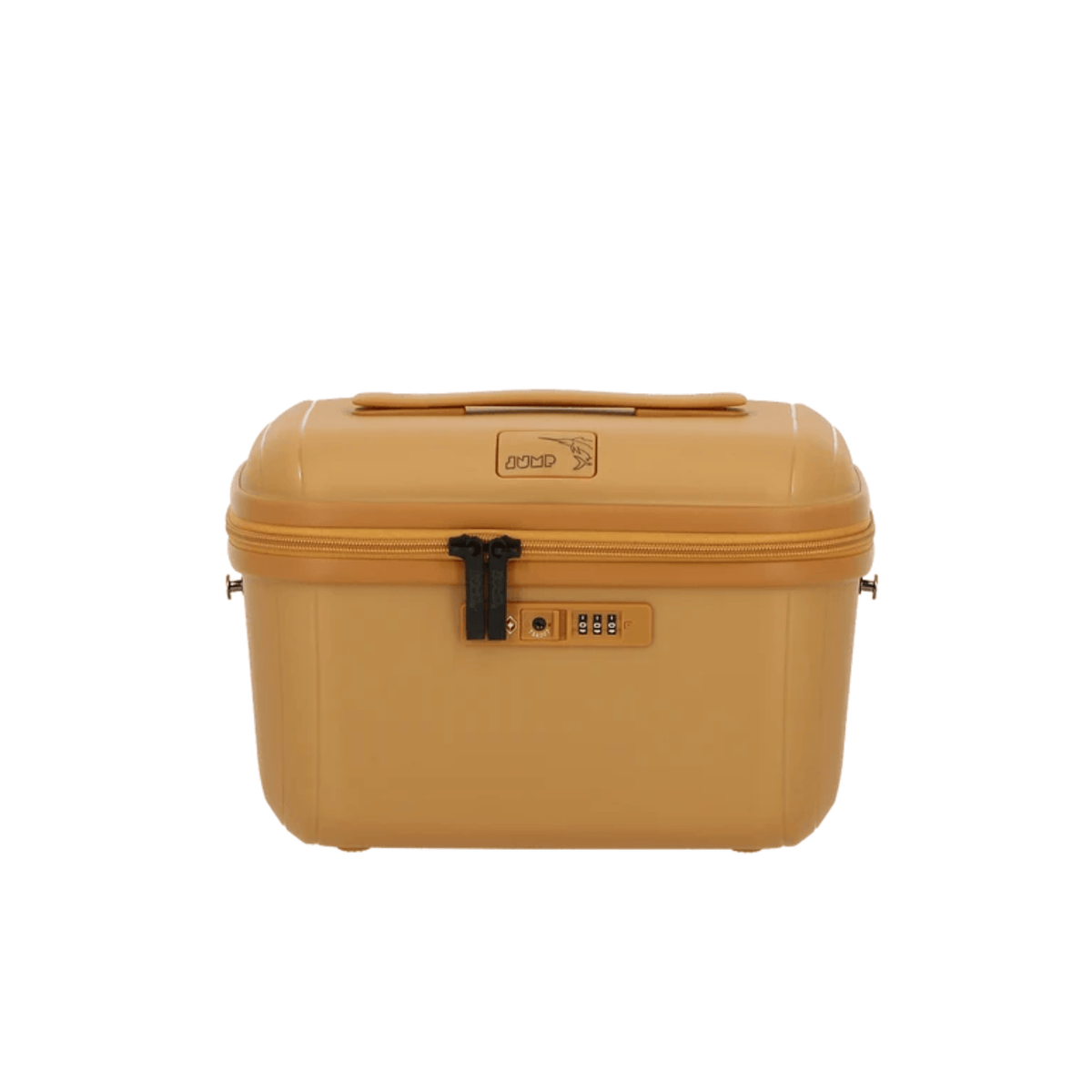 Vanity de voyage JUMP Enaïs jaune moutarde vue de face avec fermeture éclair, double tirette noire et serrure TSA à combinaison
