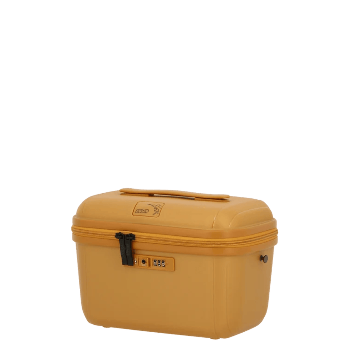 Vanity rigide JUMP Enaïs jaune moutarde 12 litres vue trois quarts avec poignée supérieure, coque protectrice et serrure TSA