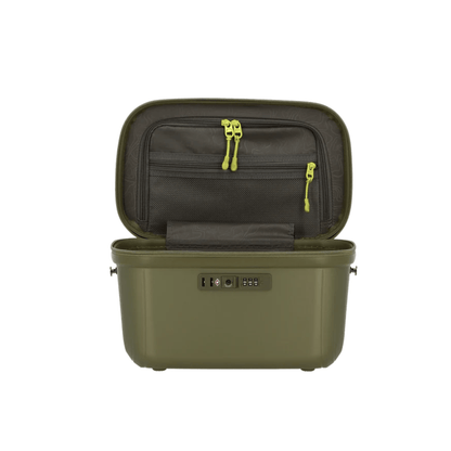 JUMP Enaïs vanity rigide vert olive ouvert avec compartiment principal et rangements zippés à tirettes jaune fluo